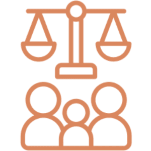 Justice scales above family icons